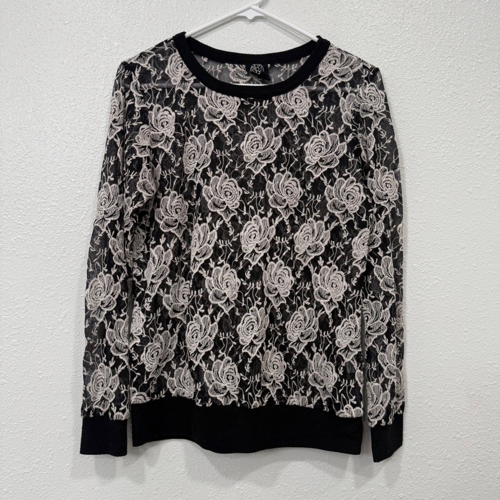 Bobeau Black Lace Rose Floral Sheer Long Sleeve Top Womens Size L